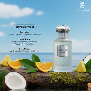 Couture Noir perfume bottle with citrus fruits