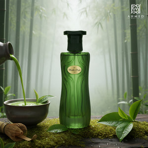 Matcha perfume bottle in bamboo forest