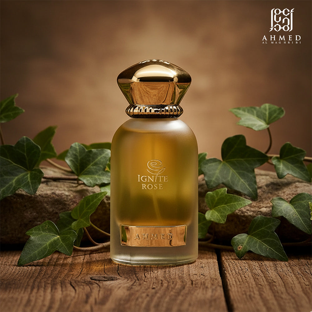 Ignite Rose perfume bottle with green leaves