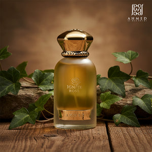 Ignite Rose perfume bottle with green leaves