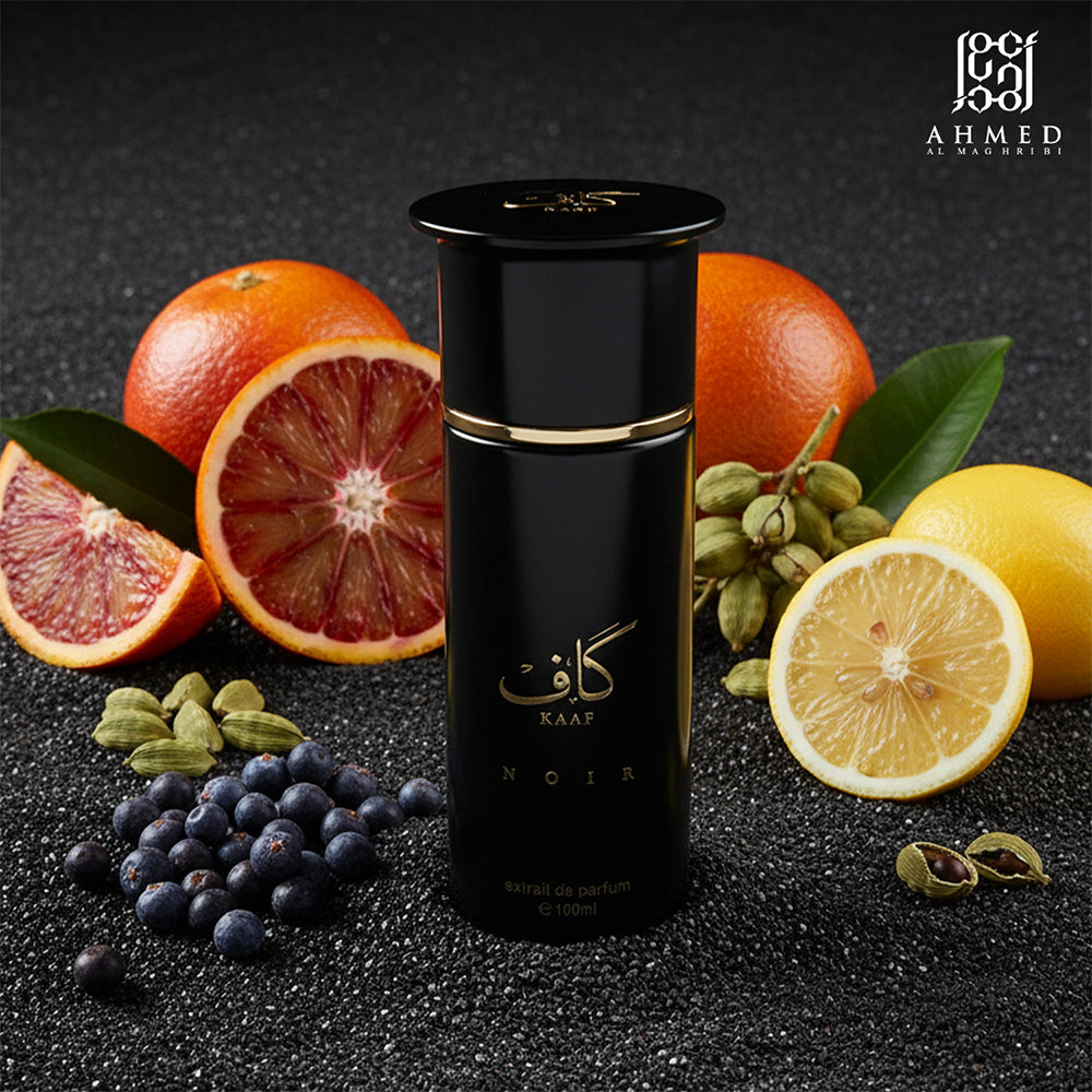 Kaaf Noir perfume bottle with citrus fruits
