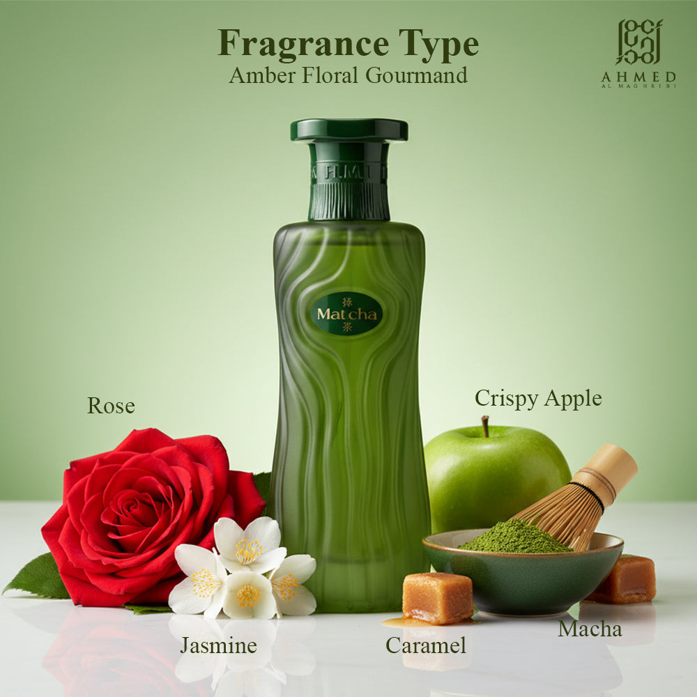 Matcha perfume bottle with rose and jasmine notes